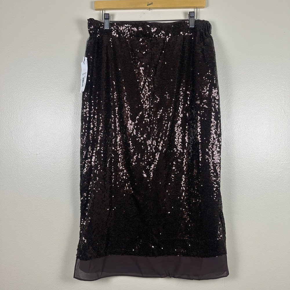 Liz Claiborne Women's L Sequin Midi Skirt Chocolate Brown Lined Sheer Hem NEW - Picture 2 of 9